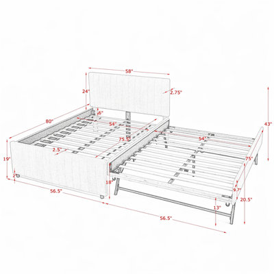 Full Size Vertical Striped Space Saving Upholstered Pull-Out Bed With High Padded Back