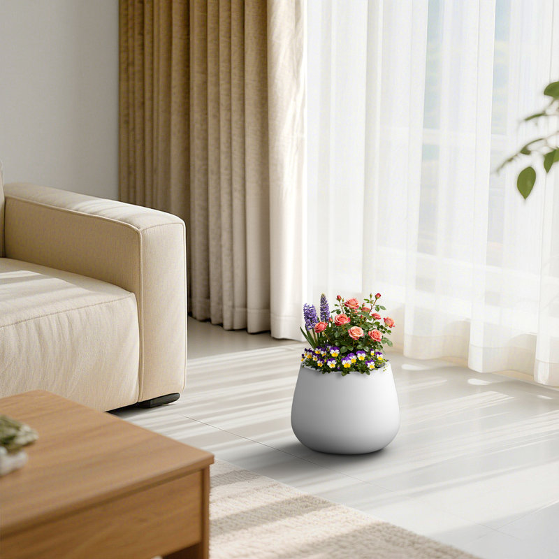 Pot à fleurs rond en béton blanc brillant de 10 po avec trous de drainage pour l'intérieur et l'extérieur, Blanc perle