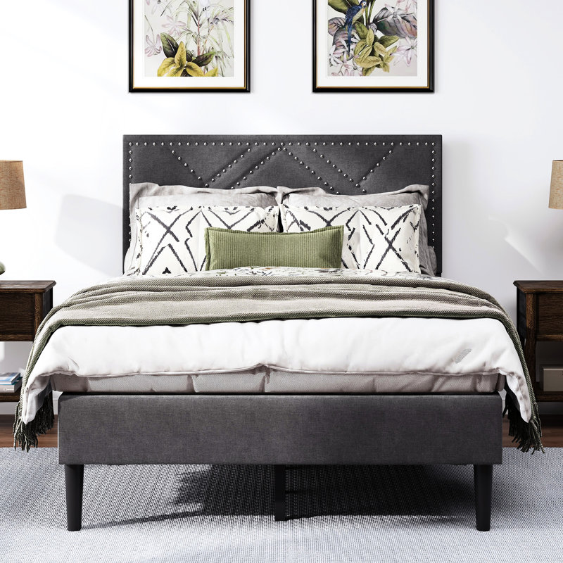 Lit double moderne avec rangement pour le linge de lit, sans sommier tapissier, gris carbone, tête de lit gris et de rangement, stable, option