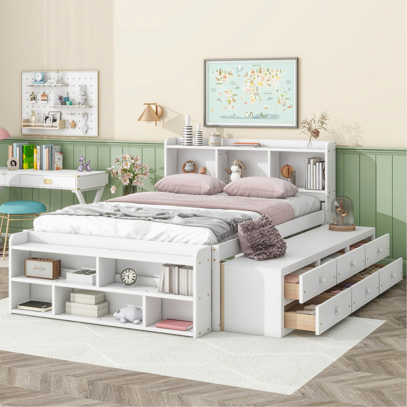 Lit double avec tête de lit bibliothèque, tiroirs de rangement sous le lit et caisson de bout - taille blanche sous le lit