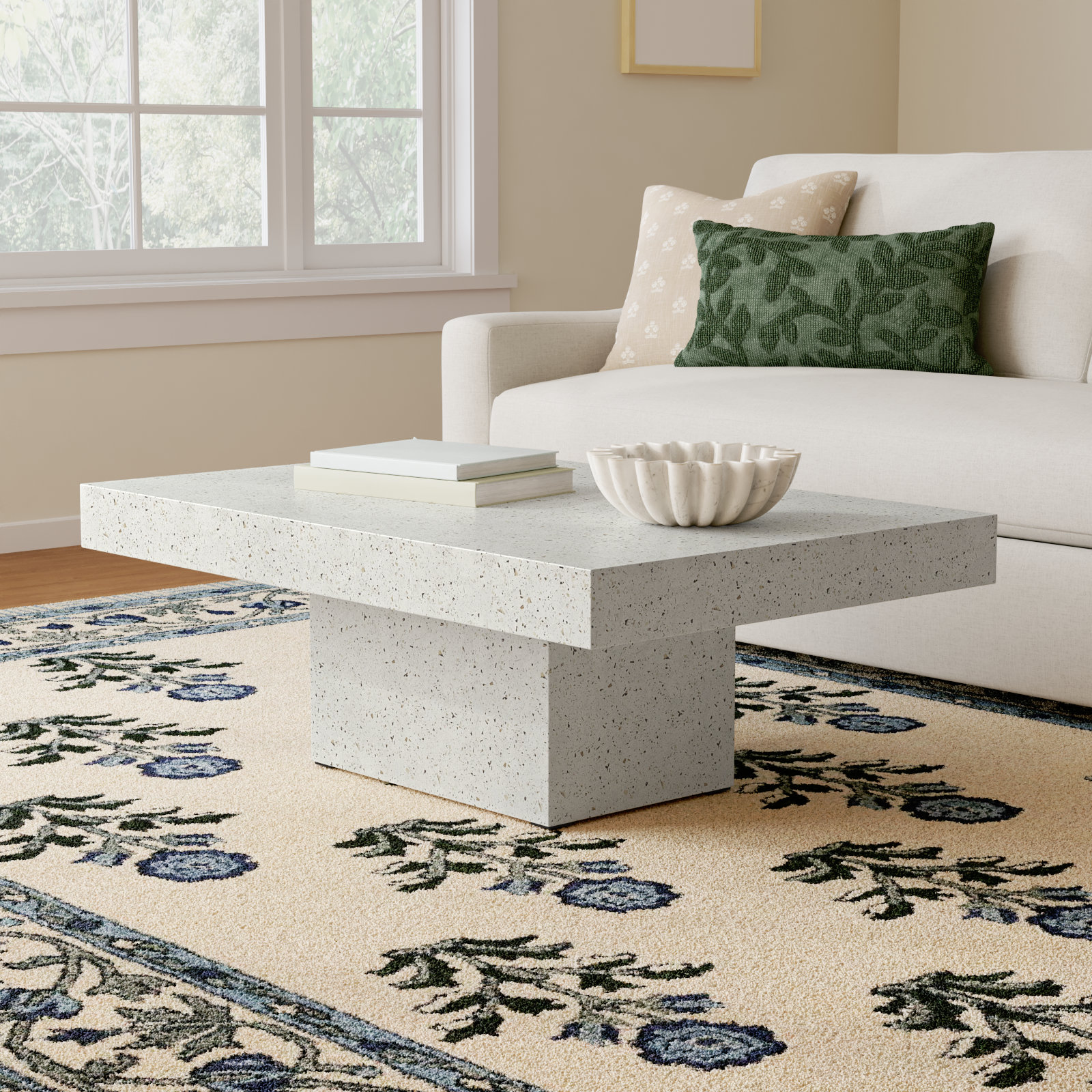 Kareen 47" Concrete Coffee Table, Ivory Terrazzo