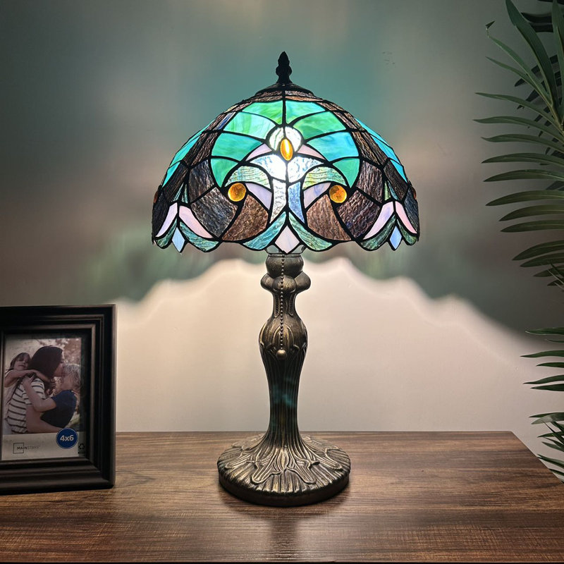 Lampe de table Nioclas Tiffany en verre coloré bleu vert avec ampoule à DEL incluse H 19 po x l 12 po x P 12 po