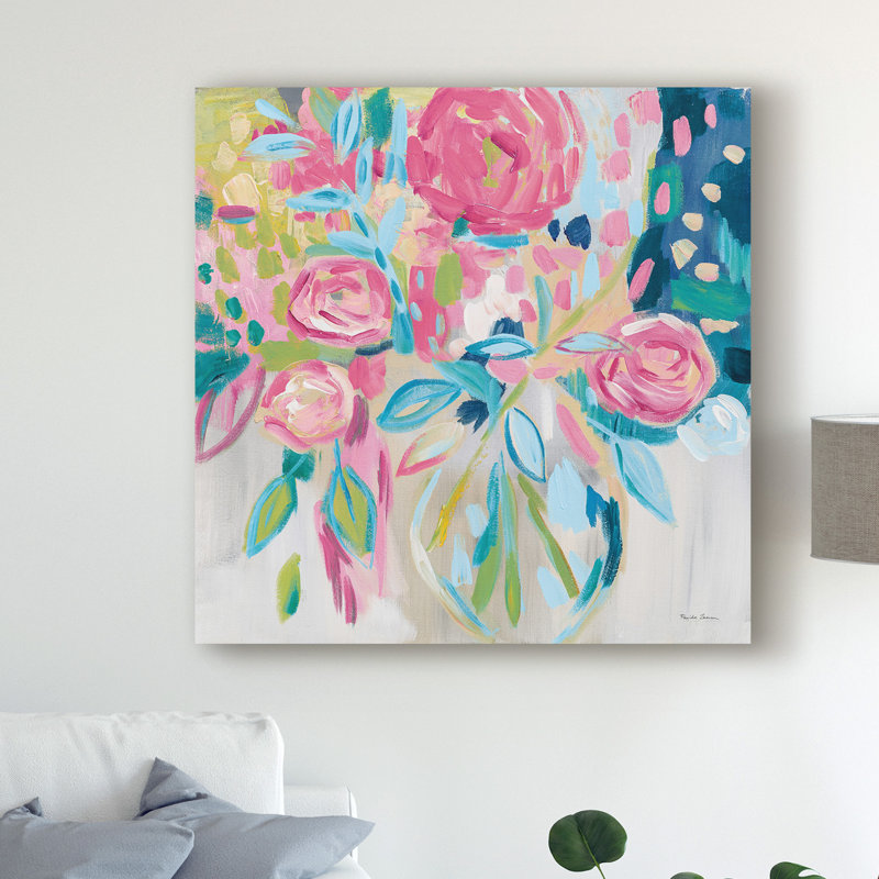  Wrapped Canvas Wall Art - Farida Zaman 'Summer Pink Floral' Wall Art for Living Room, Bedroom, or Office Décor - 24X24