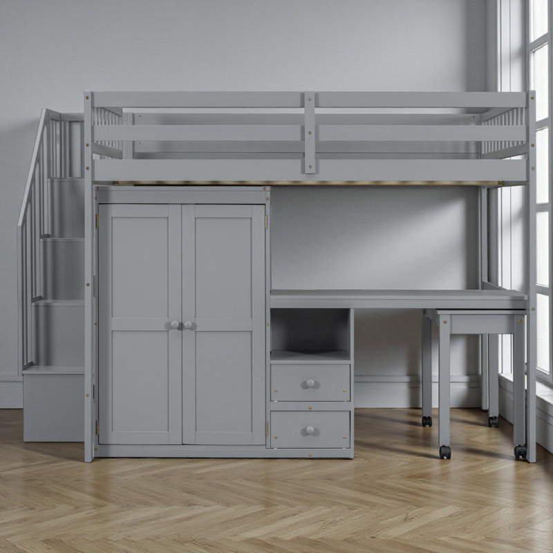 Loft Bed, Space-Saving Study Hub, Two Desk, Bookcase & Wardrobe Storage, Contemporary, Kids & Teens Room, Gray, Full