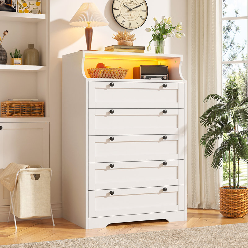 5-drawer Dresser With Led Lights - Modern Storage Cabinet For Bedroom, Living Room, White/black, White