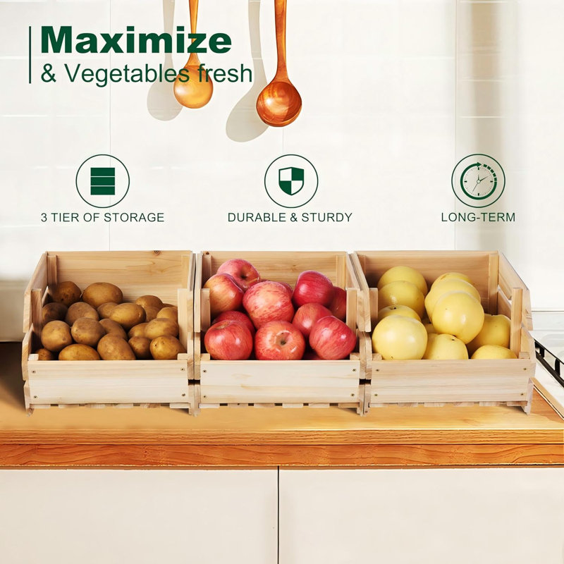 Ensemble de 3 bacs de rangement en bois pour pommes de terre et oignons