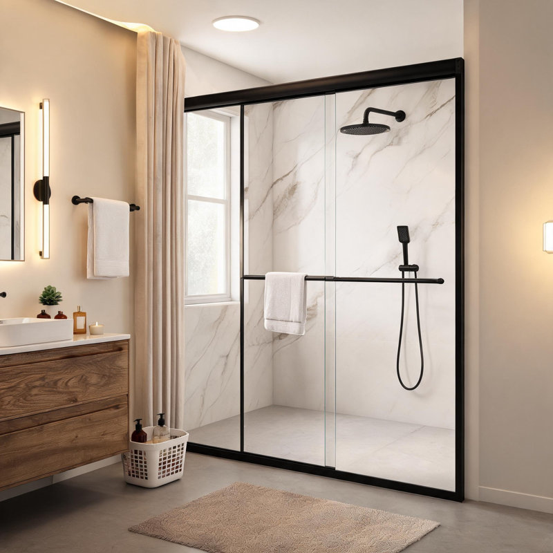 Porte de douche coulissante double semi-encadrée, noir mat, de 112 à 122 cm, avec verre de sécurité trempé de 6 mm d'épaisseur.