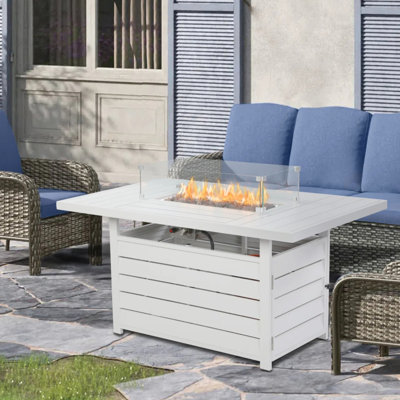 54,3 pouces, extérieur, aluminium blanc, table de foyer d'extérieur, 50000, gaz propane, brûleur en acier inoxydable, couvercle convertible, table en aluminium à utilisation toute l'année avec pierre de lave, pare-vent en verre et housse imperméable,