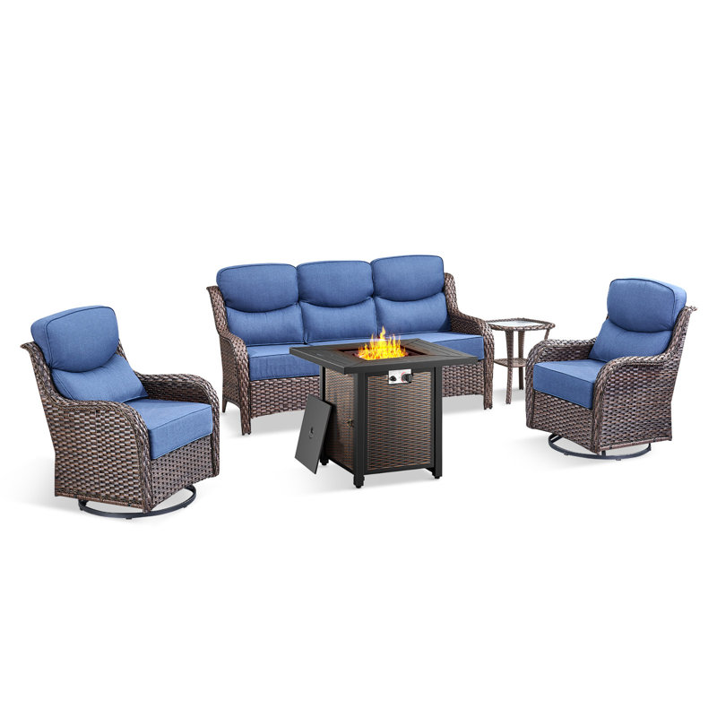 Polygala 5-Piece All-Weather Outdoor Wicker Patio Square Metal Fire Pit Table Conversation Set With Swivel Gliders And Side Table