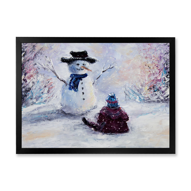 «Christmas Snowman and Child», reproduction sur toile, H 8 po x l 12 po x P 1 po, Cadre photo noir