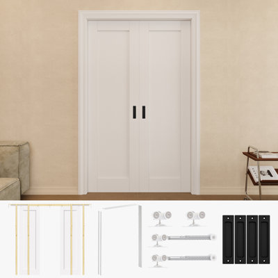 48" x 80" 1-Panel Solid Core Prefinished Double Sliding Pocket Door with Black Handles and White Pocket Door Frame