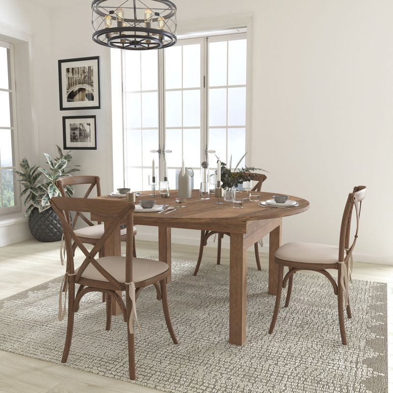 Elynna 60" Round Solid Pine Folding Farm Dining Table Set with 4 Cross Back Chairs