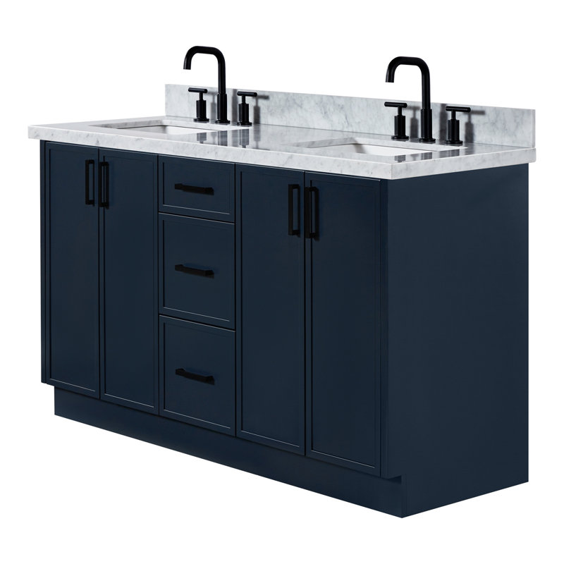 Ariel Kelly 61 Inch Double Rectangular Sink Bathroom Vanity With Italian Carrara Marble Countertop, White