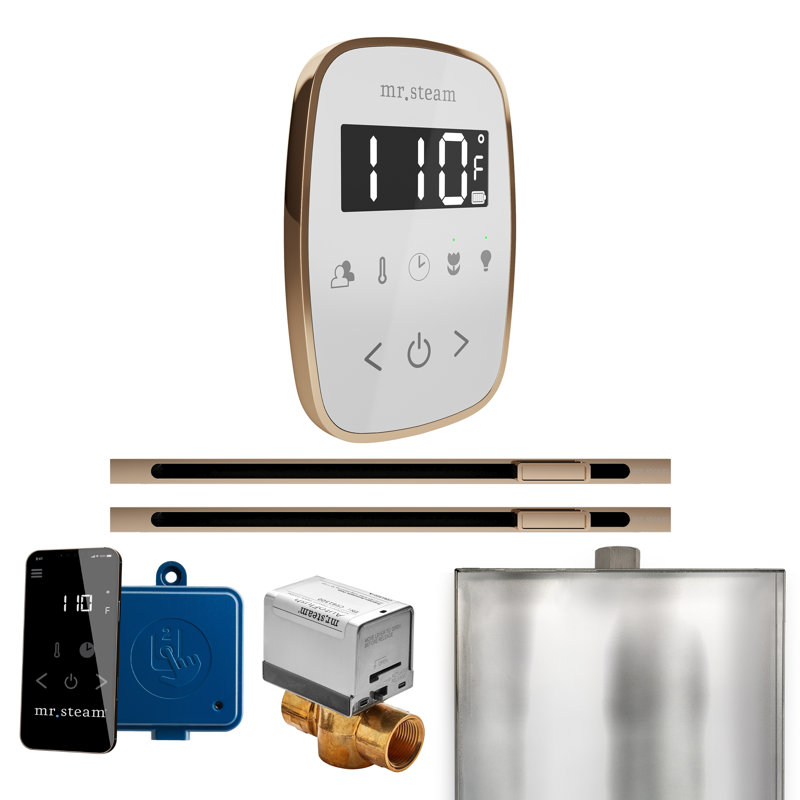 Ensemble de commande de douche à vapeur ButlerFlex Max avec contrôle TempoFlex et tête de vapeur linéaire , Blanc / or poli