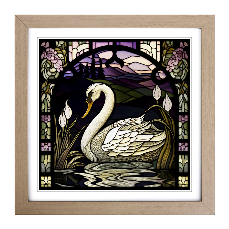 Swan Stained Glass Effect - Single Picture Frame Print on Wood, Oak