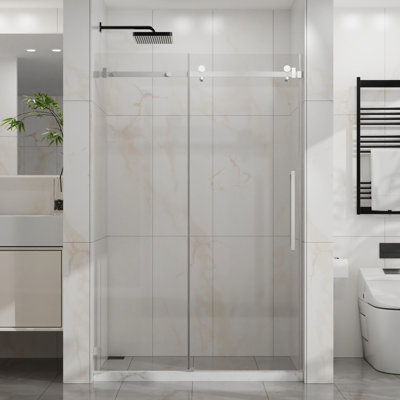 Porte de douche coulissante H 72 po, l 48 po de largeur, verre trempé de 6 mm, facile à nettoyer, réglable de 44 à 48 po, seuil anti-éclaboussures, poulies silencieuses, pièces, glissement en douceur, revêtement, étanchéité à l'eau, conception à éclaboussures,
