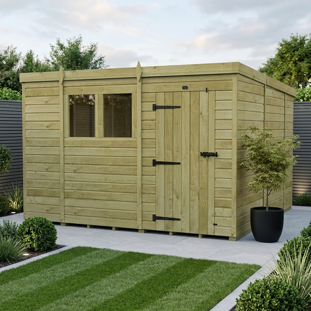 Total Sheds 10ft x 10ft Pent Garden Shed - Single Door - With Windows - Pressure Treated Timber - UK Manufactured