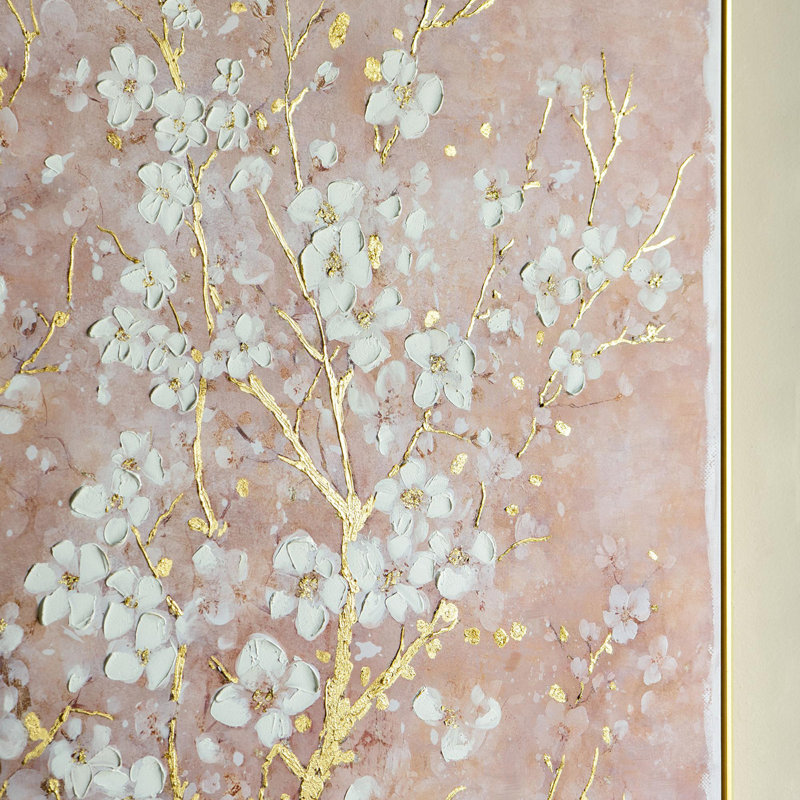 Toile de cerisier en fleurs peinte à la main 59,1 x 47,2 po avec finition rosée et blanche