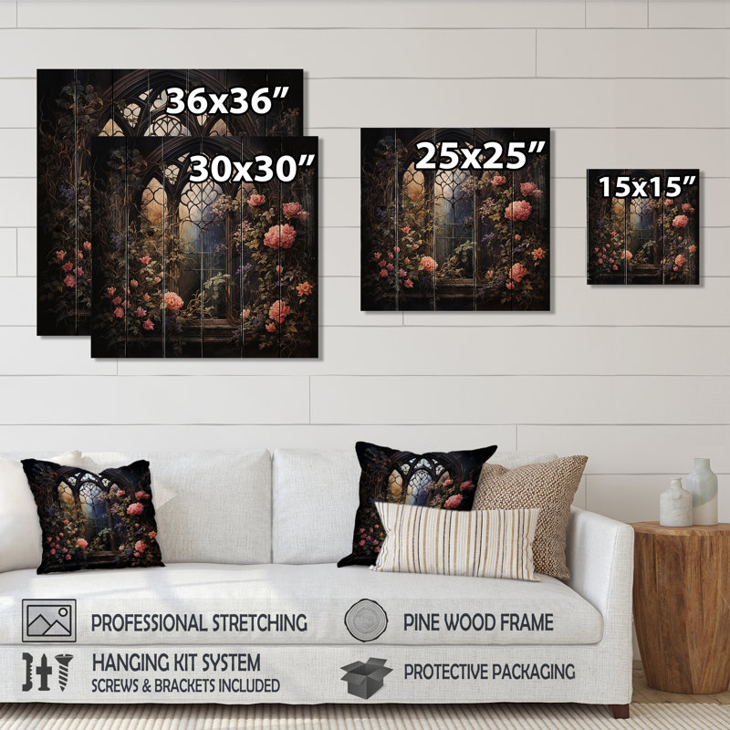 Floral Gothic Church Windows View II - Floral Window On Wood Print, 36" H x 36" W