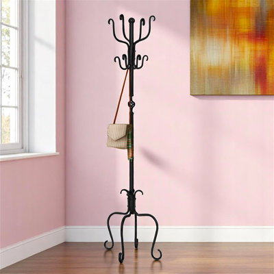 Bell Coat Rack with 8 Hooks in Black Metal With Transitional Style, 73.79" H X 20.87" W X 20.87" D