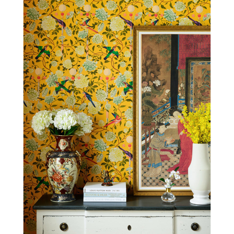 Chinese Garden Floral Wallpaper Roll, Mustard Yellow/Red/Green