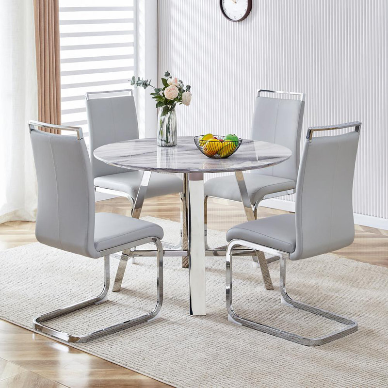 42" Marble Imitation Dining Table Set with Light Gray PU Chairs