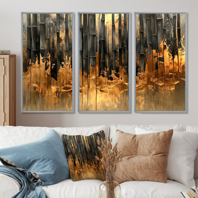 Golden Arashi Yama Bamboo River I - Bamboo Set Of 3 Wall Art