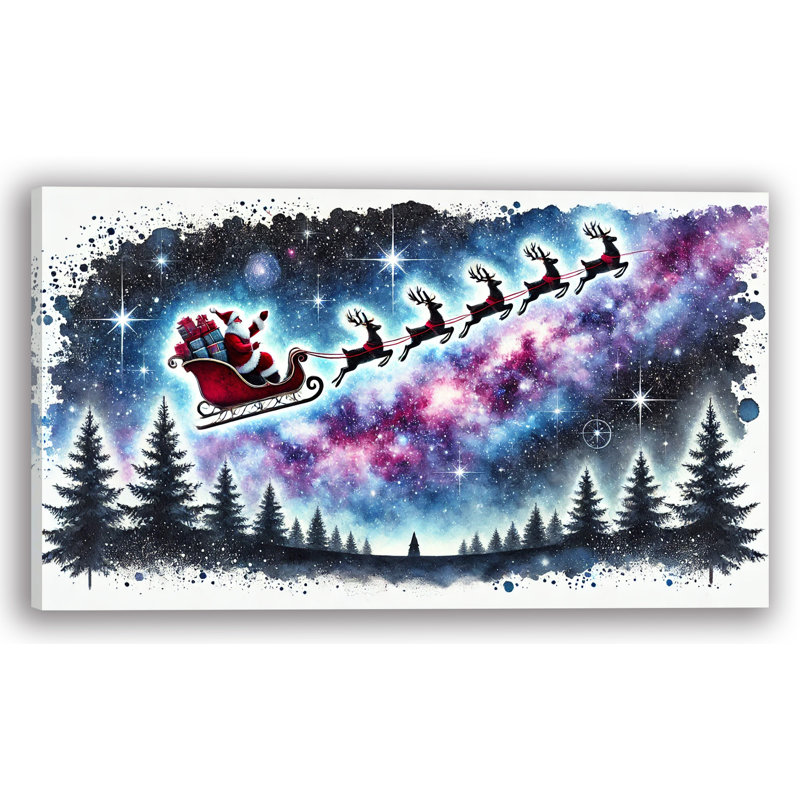 «Santa's Cosmic Sleigh Ride: Galactic Journey Over Winter Pines», art sur toile, H 24 po x l 42 po