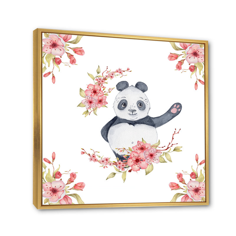 Panda avec fleurs de sakura, reproduction d'art sur toile pour enfants, H 30 po x l 30 po x P 1 po, Cadre flottant doré