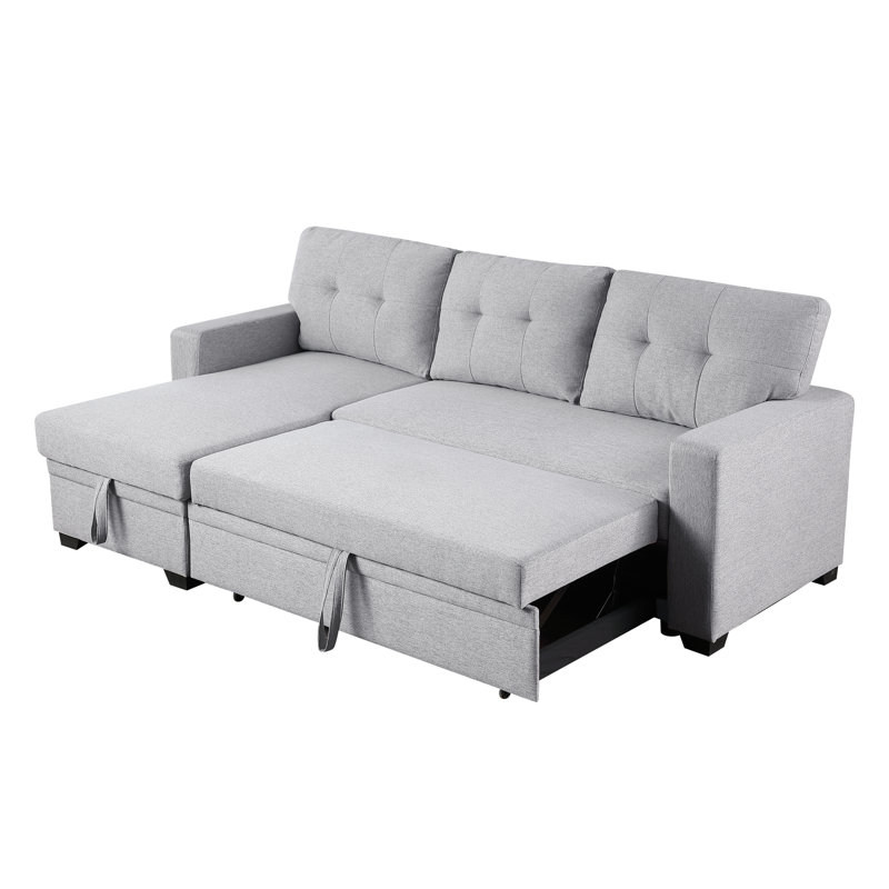 3 - Seat, Pull Out Sectional , Storage Chaise, Convertible, Twin Sleeper Bed, Removable Back Cushions, Hosting Overnight Guests, Linen Gray Seat Upholstered With Convertible Chaise Storage, Cushions