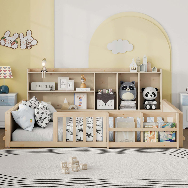 Lit plateforme pour enfants en bois avec barrières de sécurité et rangement intégré, Naturel