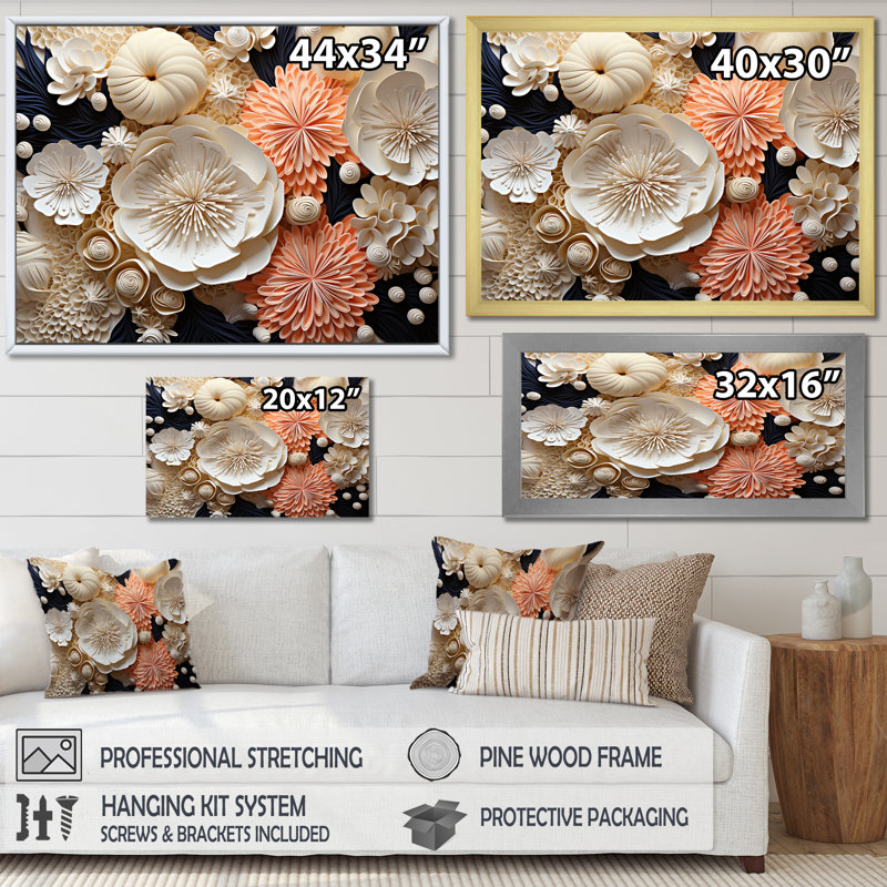 Collage abstrait de fleurs de corail sur toile, Cadre doré simple, H 30 po x l 40 po x P 1,5 po