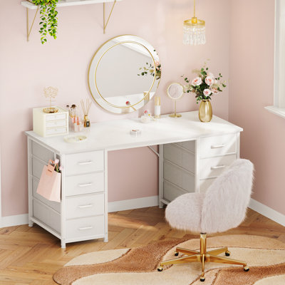 Bureau de coiffeuse blanc moderne avec 8 tiroirs en tissu, table de maquillage et d'écriture multifonctionnelle pour la chambre à coucher