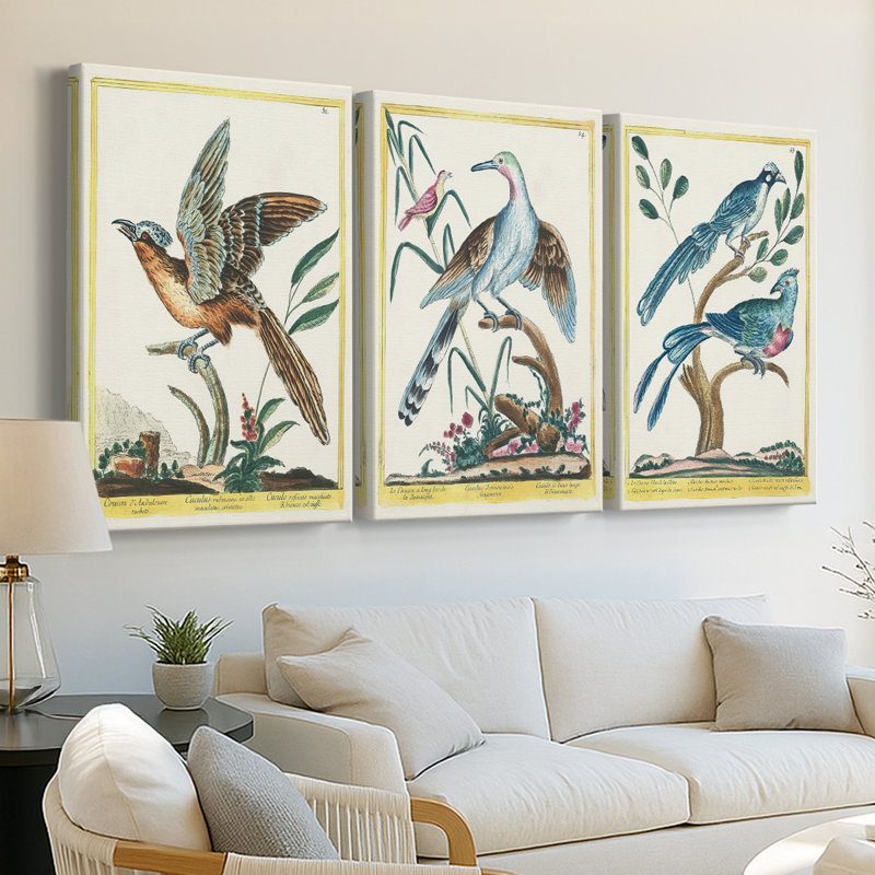Pastel Birds IV - Toile tendue avec châssis sur mesure - 3 pièces, H 48 po x l 96 po