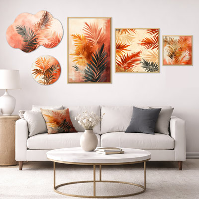 Terracotta Palm Vibes - Grand ensemble d'art mural botanique, toile et métal 5 pièces (100 po x 40 po)