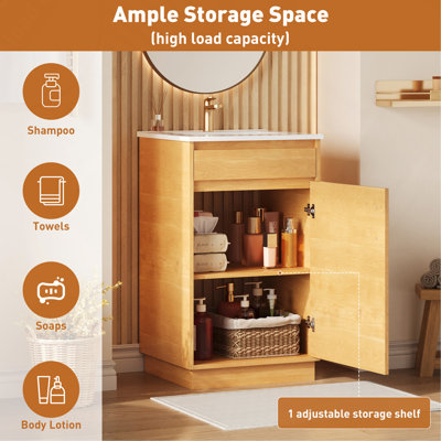 20-inch Bathroom Vanity with Ceramic Sink, Freestanding Single Vanity Set with Soft Closing Door, Adjustable Shelf, Farmhouse Style, Natural Wood.