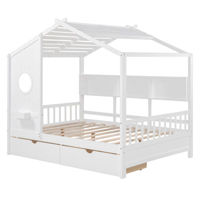 Lit simple en bois avec 2 tiroirs, lit pour enfant avec tablette de rangement, blanc