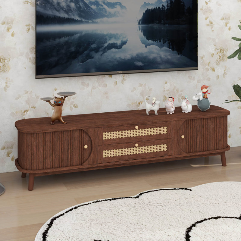 Modern Farmhouse Rattan TV Stand With Multi-Functional Storage, Boho Entertainment Centre With Solid Wood Legs