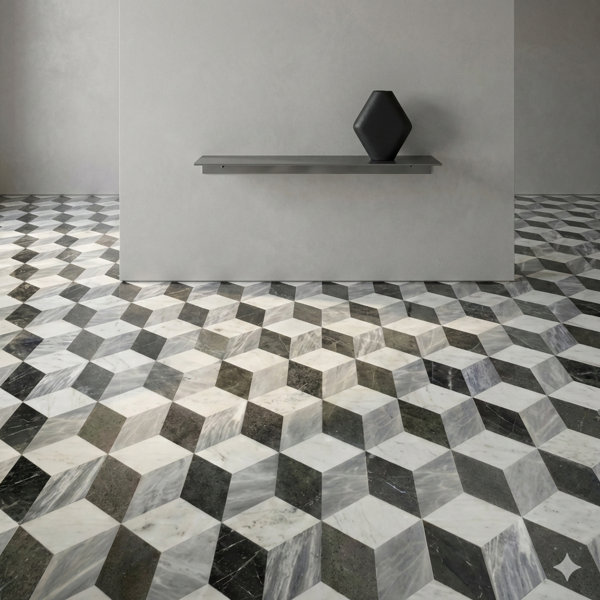 Hexagonal Waterjet Marble Tiles In A Trio Of White, Gray, And Black, Made From Authentic Natural Marble With A Polished Finish, Designed For Floor And Wall Installation, 12 Tiles Per Box.