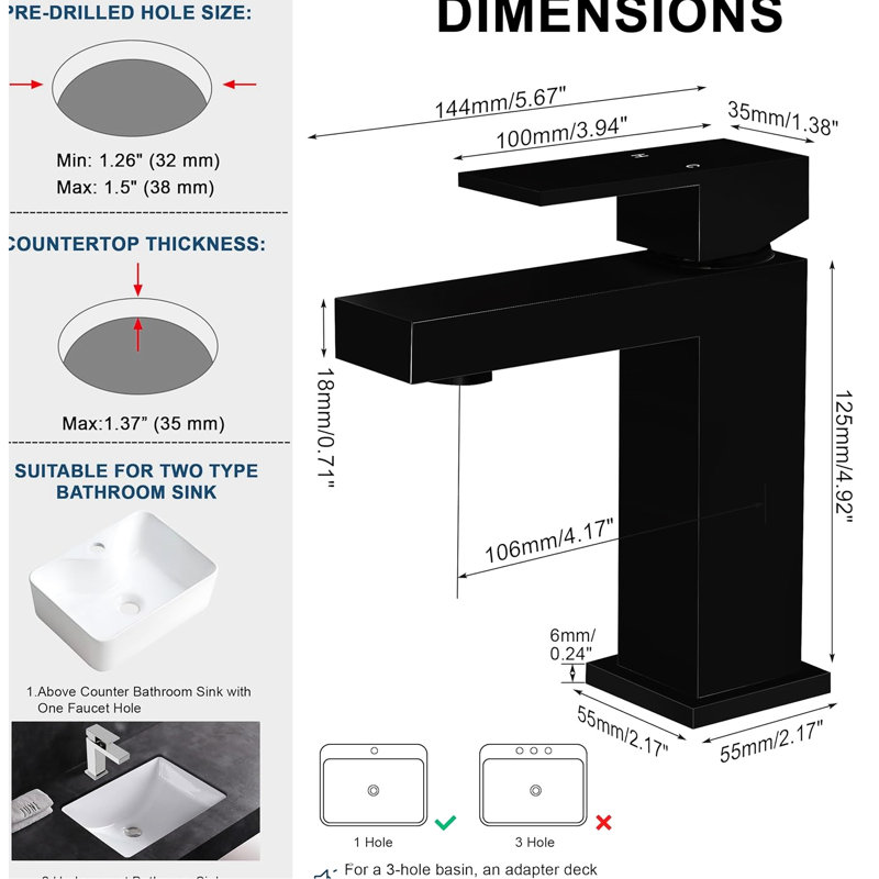 Single Handle Bathroom Faucet In Matte Black, Hole Installation, Solid Brass, Rustproof, Elegant Square Design, Adjustable Water Temperature, Easy Installation Steps Brass Black Faucet, Corrosion ,