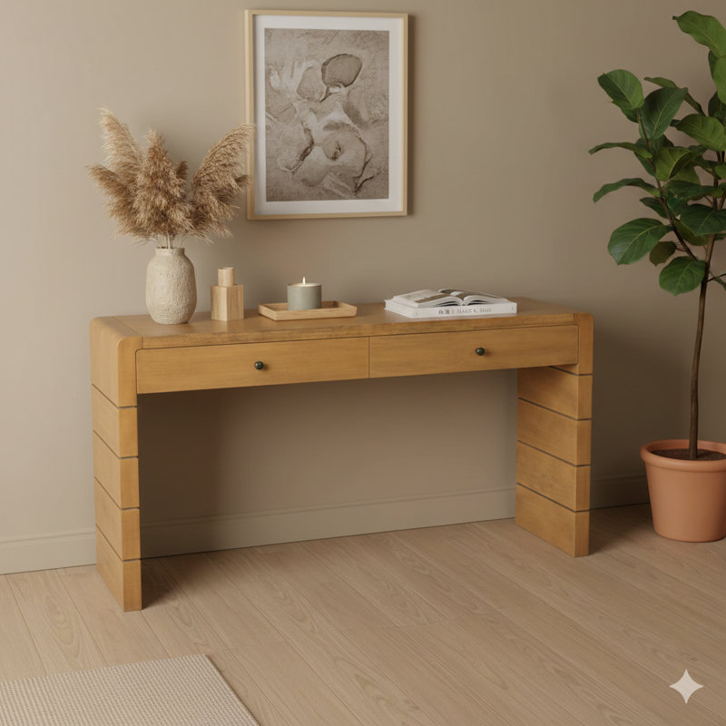 Elegantly Curved Console With Storage, Wooden Entry Table With Two Drawers, Rustic Farmhouse Style Table For Entryways, Halls, And Living Rooms, In Natural Finish
