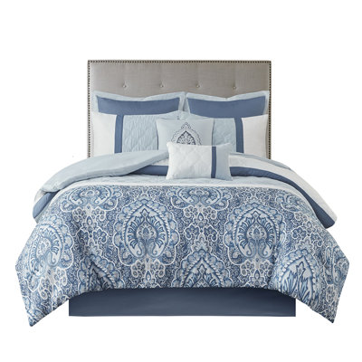 Queen 8 Comforter - Partial Printed And Solid Blue Reverse 8 Pieces With Details