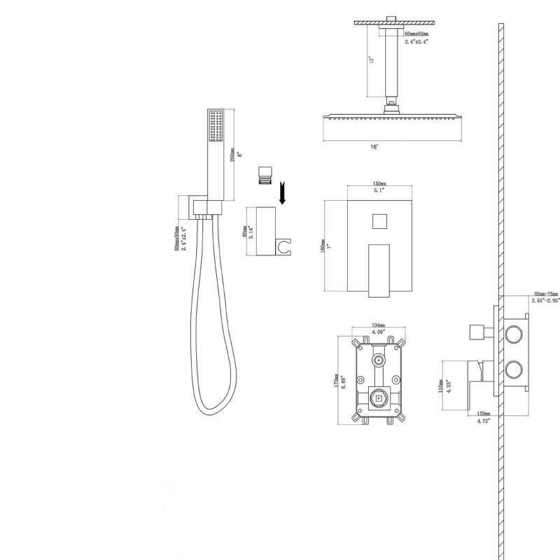Pomme de douche double - Système de douche carré à fixation au plafond de 16 pouces avec valve brute, or