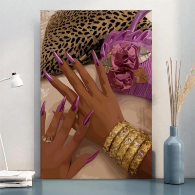 Luxurious Hand with Purple Nails - Pop Art Fashion Wall Art Print on Gallery Wrapped Canvas, 36" H x 24" W, Ready to Hang for Bedroom, Dressing Room or Living Room