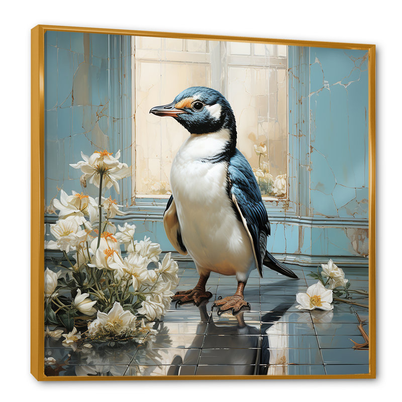 «White Penguin Floral Parade», art mural animal corbeau, Cadre flottant doré, H 30 po x l 30 po