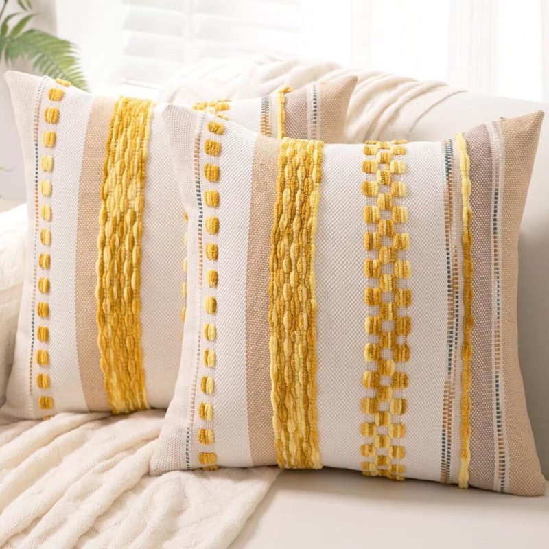Boho Throw Pillow Covers  Set Of 2 Farmhouse Decorative Cushion Case Striped Square Pillows Cover Chenille Pillow Cases Accent Neutral Pillowcase For Sofa Couch Bed