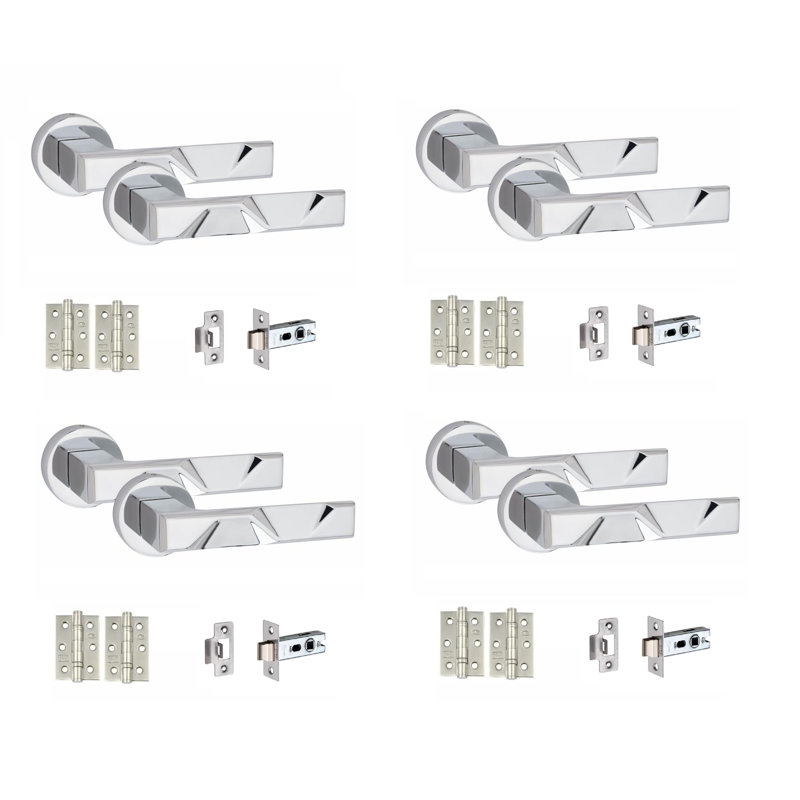 4 Pairs Modern Nova Design Premium Door Handles on Round Rose with 2.5" Latch and 1 Pair of Ball Bearing Hinges