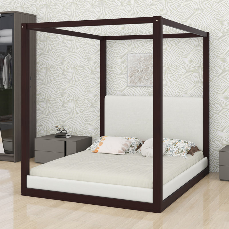 Lit plateforme moderne à baldaquin en bois, tête de lit tapissier pour un sommeil confortable, Queen, Espresso / blanc