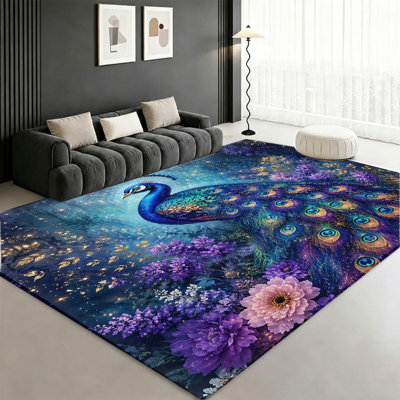 Tapis à motif floral Paon mystique, design oiseau bleu et vert éclatant, décoration intérieure artistique, tapis antidérapant pour salon, chambre, couloir, salle à manger, terrasse, balcon