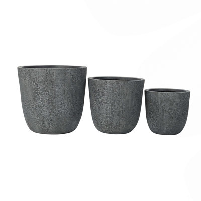 Lightweight MGO Planter Set of 3,16.93"+13.78"+11.02" Dia Round Concrete Stackable Flower Pots with Drainage Holes and Rubber Plug,Crackle Stone Texture for Patio Garden Balcony Indoor Outdoor